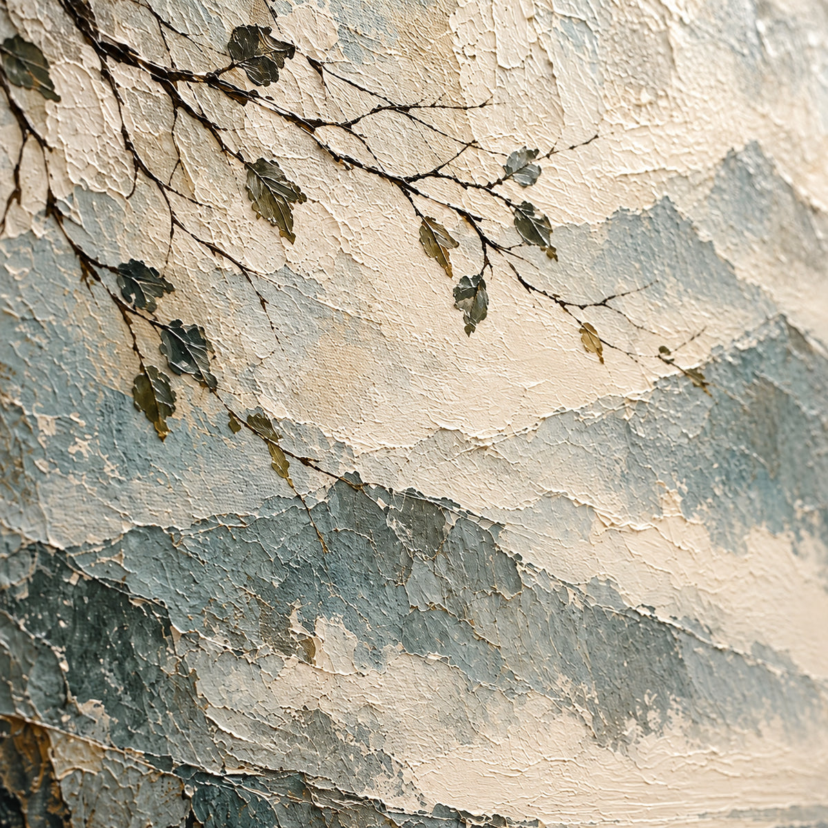 Quiet-Littoral oil painting brushwork and impasto detail photographed from an oblique side angle