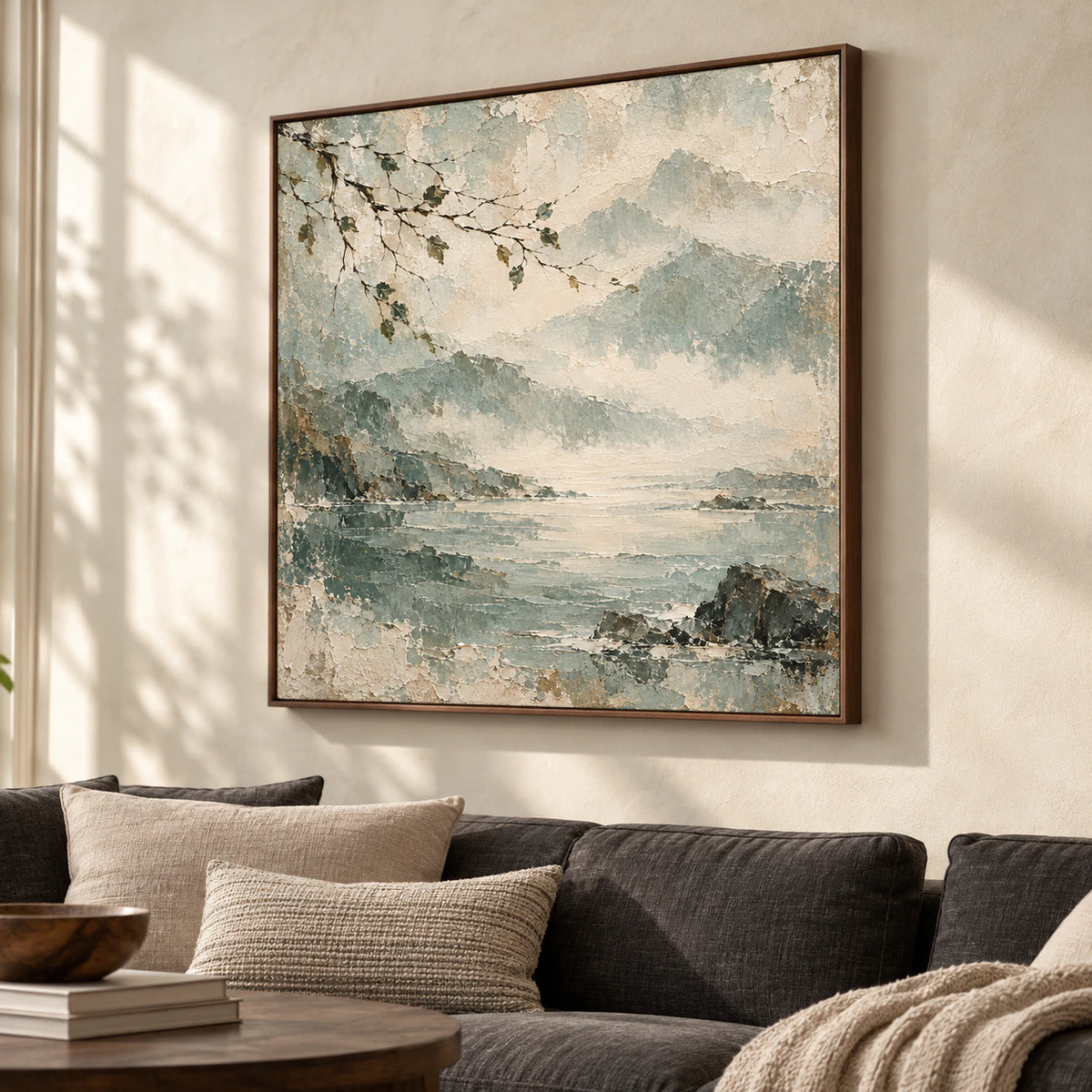 Bright living room with the square coastal painting as the clear focal point above a restrained charcoal sofa, viewed from the left at seated height.