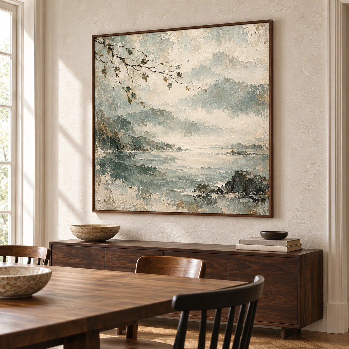 Refined dining room with the square coastal painting prominent on a warm white wall above a dark wood sideboard, viewed from the right at eye level.