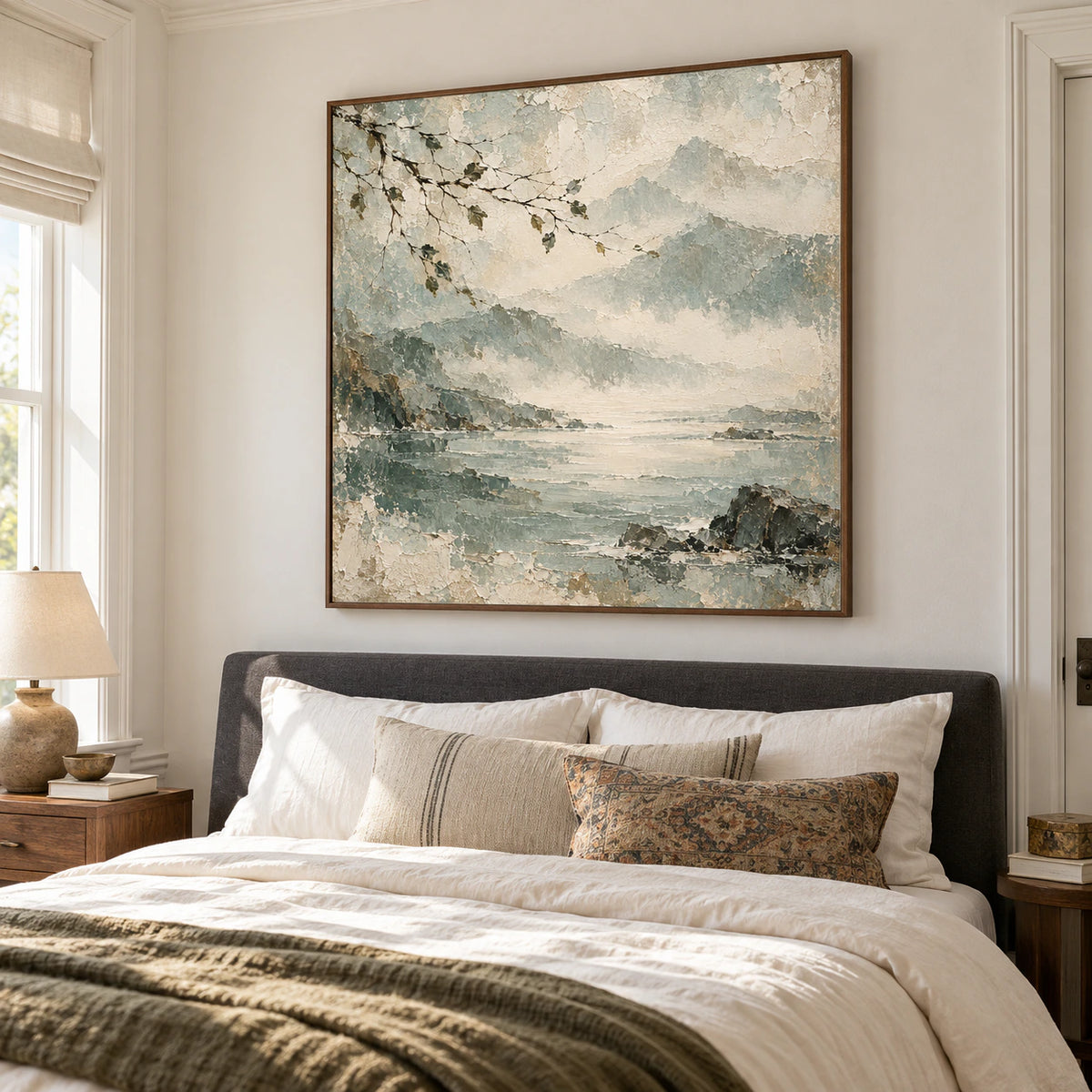 Quiet bedroom with the square coastal painting prominent above a low charcoal headboard, viewed slightly from the left at eye level.
