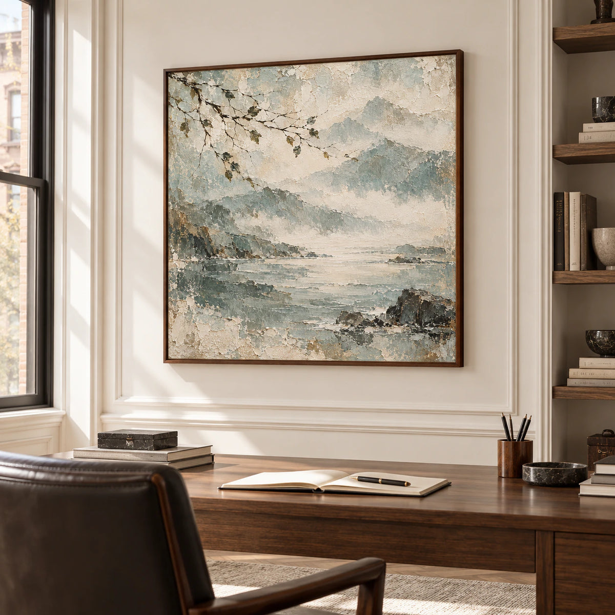 Airy home office and reading space with the square coastal painting prominent behind a simple desk and dark leather chair, viewed from the right at standing height.