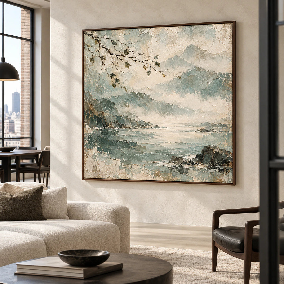 Expansive loft interior with the square coastal painting as the unmistakable focal point against a light plaster wall, viewed obliquely from the right across open seating.