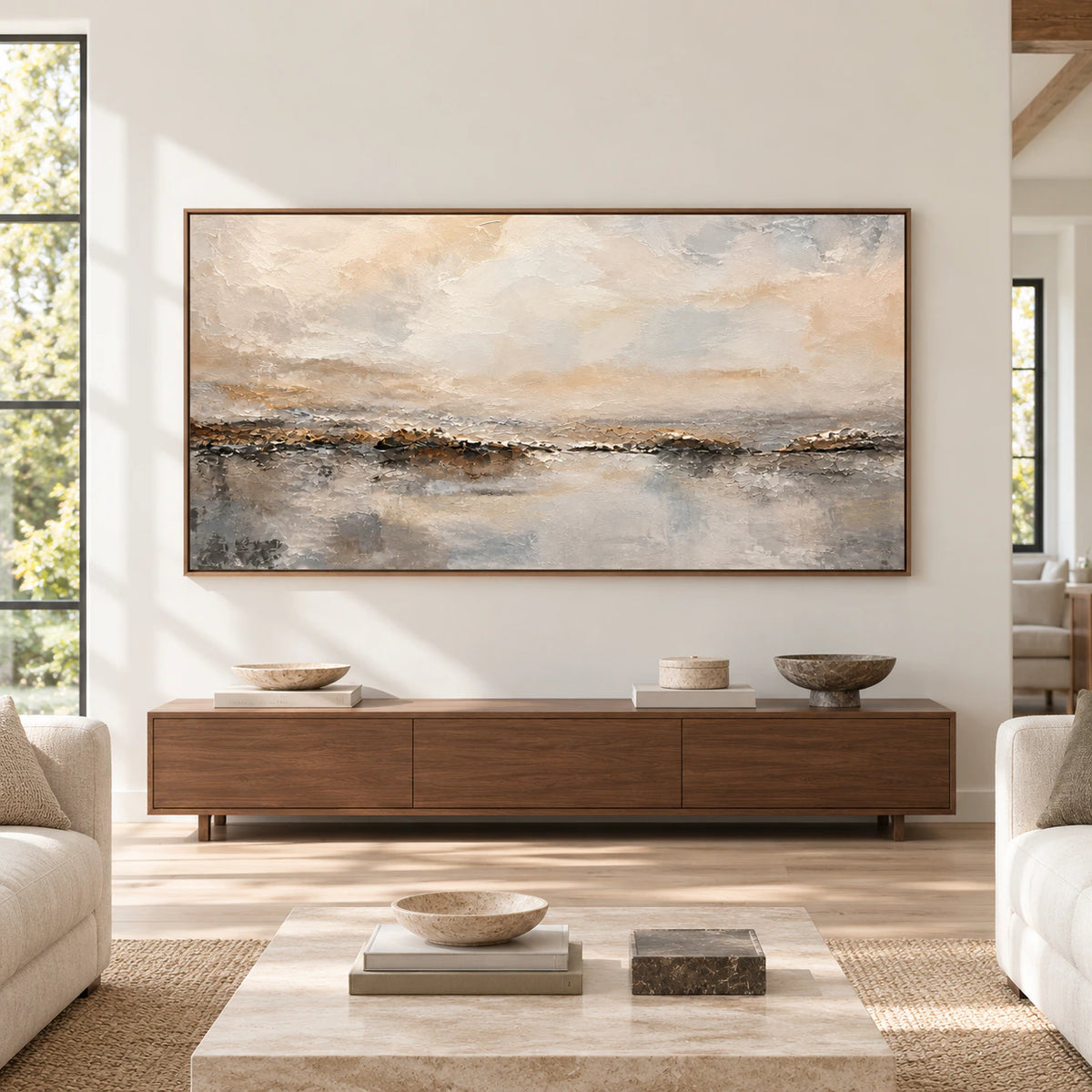 Large abstract horizon painting displayed straight-on above a low console in a spacious, light-filled room.