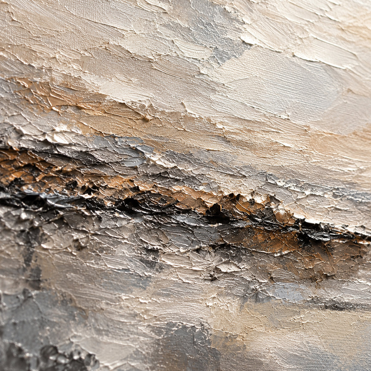 Quiet-Meridian oil painting brushwork and impasto detail photographed from an oblique side angle
