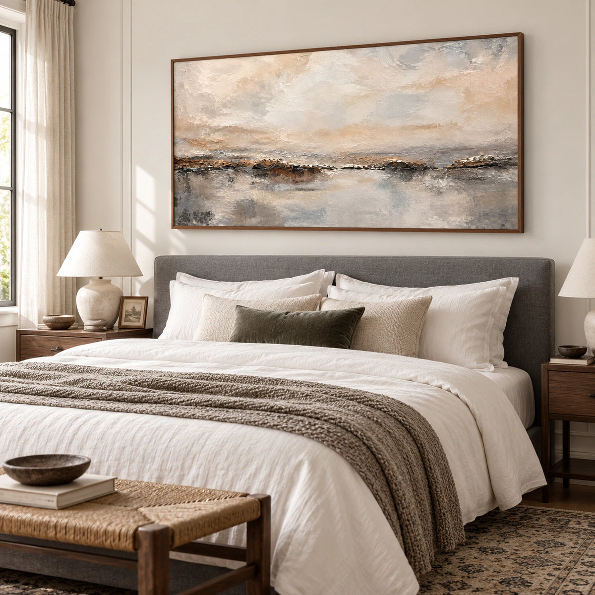 Textured cream and earth-toned abstract painting above the bed in a quiet, softly lit bedroom.