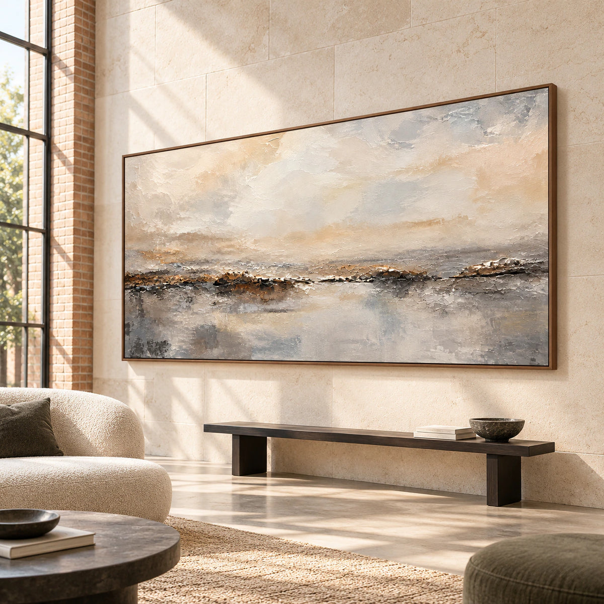 Wide textured abstract artwork commanding the wall of an airy gallery-scale foyer with stone flooring.