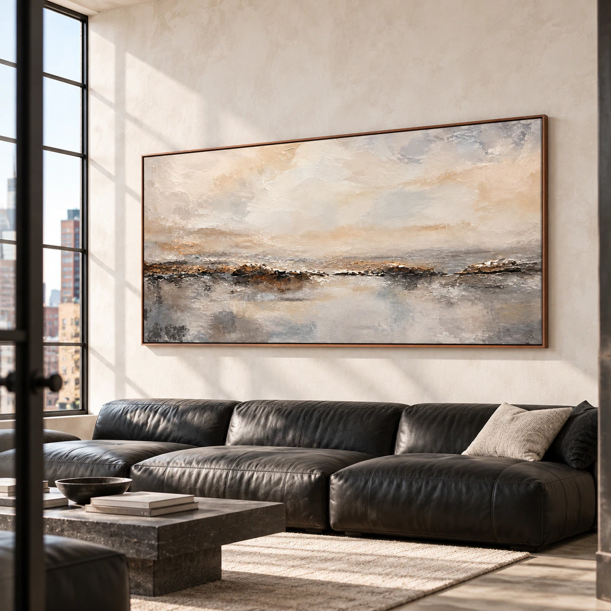 Large abstract horizon painting anchoring an open loft interior with tall windows and restrained furnishings.