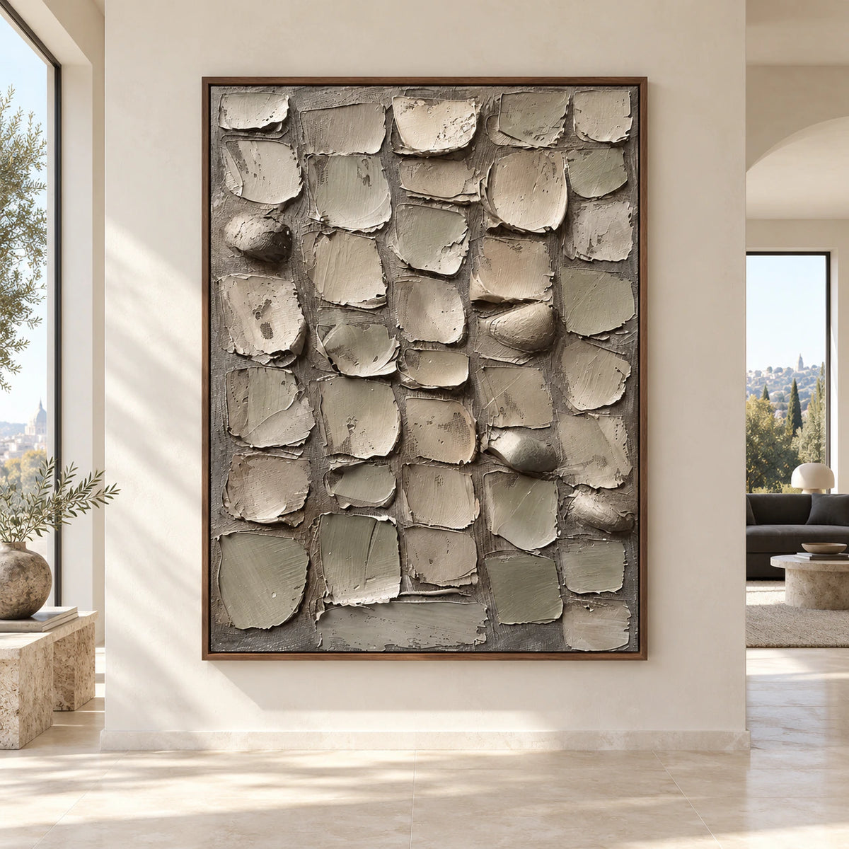 Quiet-Mosaic displayed large and straight-on in an open architectural living space.