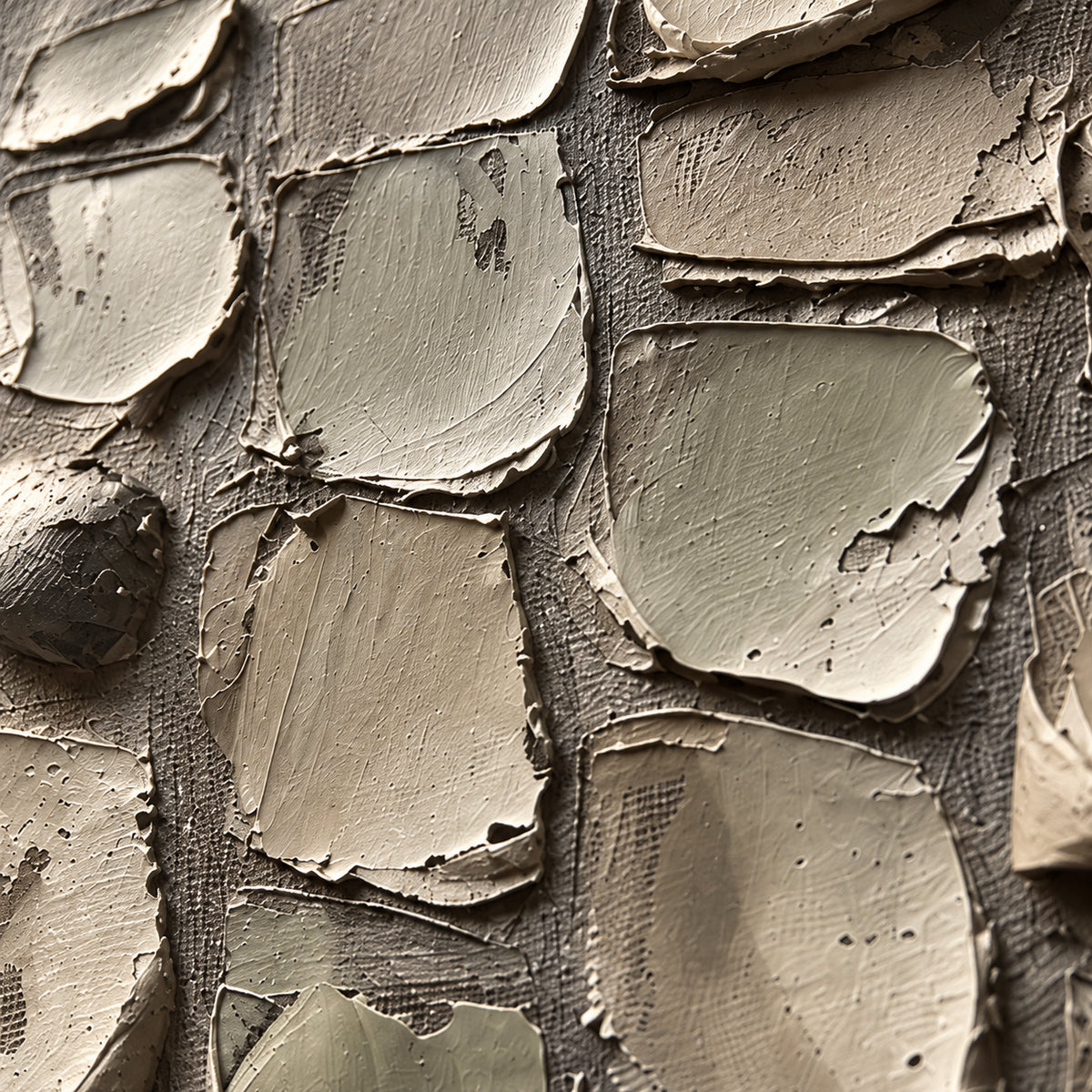 Quiet-Mosaic oil painting brushwork and impasto detail photographed from an oblique side angle