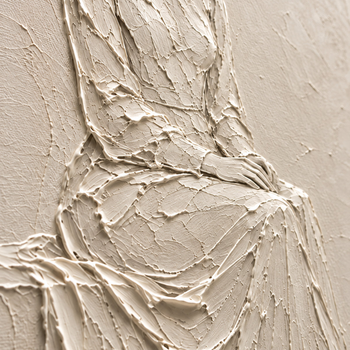 Quiet-Muse oil painting brushwork and impasto detail photographed from an oblique side angle
