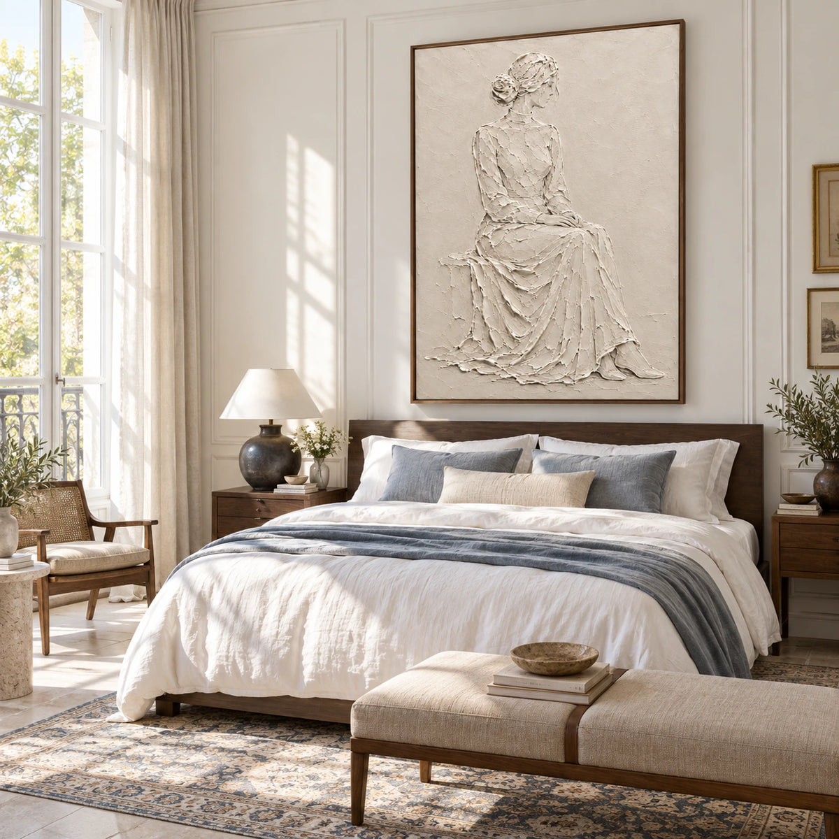 Quiet-Muse textured seated figure artwork bringing quiet depth to a light-filled bedroom.