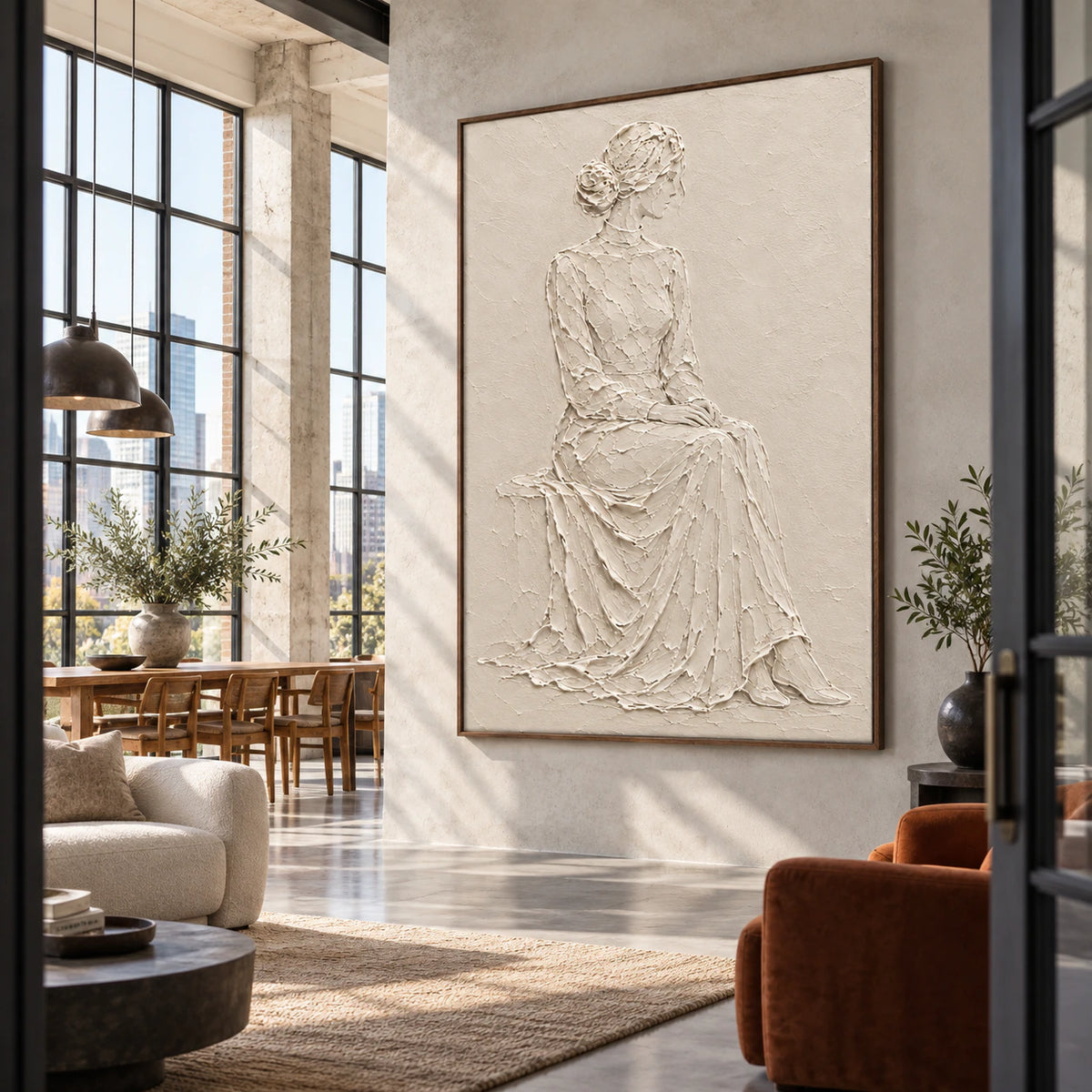 Quiet-Muse textured ivory figure artwork displayed at scale in an expansive loft interior.