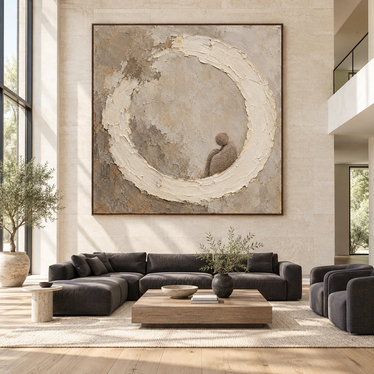 Quiet-Orbit displayed at large scale on a tall gallery wall in a bright open interior.