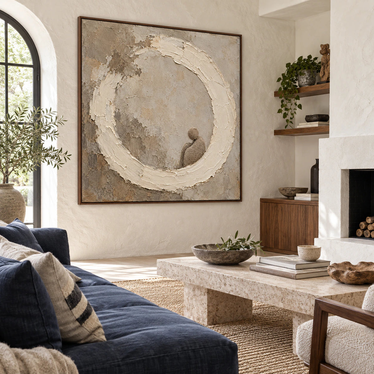 Quiet-Orbit above a restrained sofa in a bright contemporary living room.
