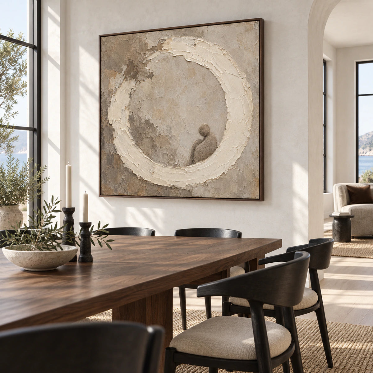 Quiet-Orbit as the focal artwork in a refined daylight dining room.