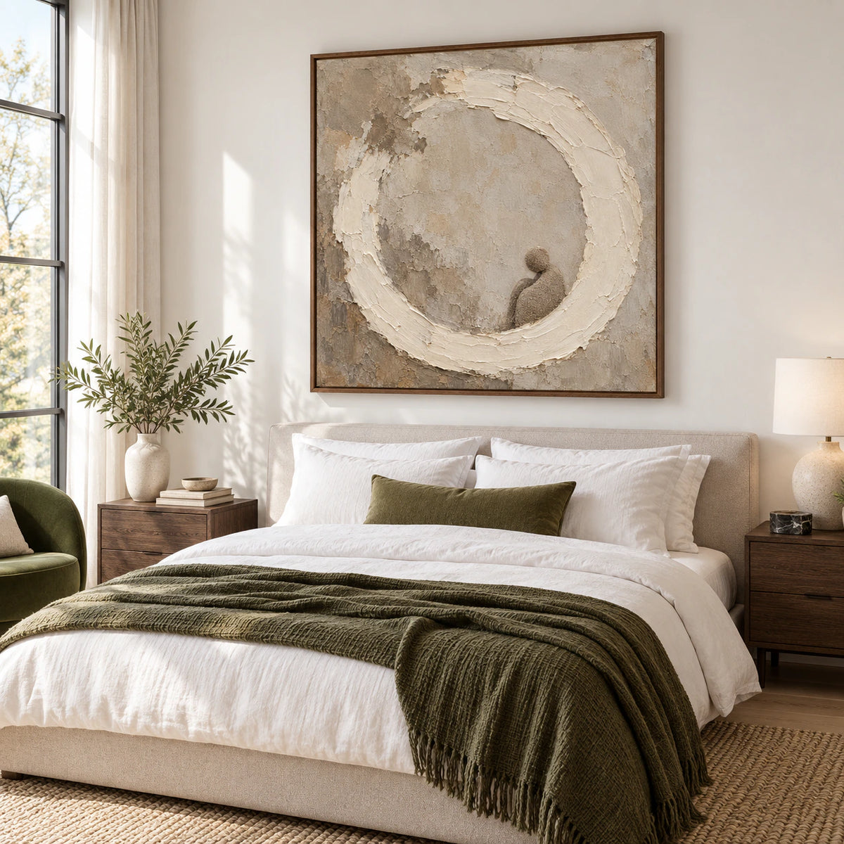 Quiet-Orbit displayed above a low bed in a quiet, light-filled bedroom.