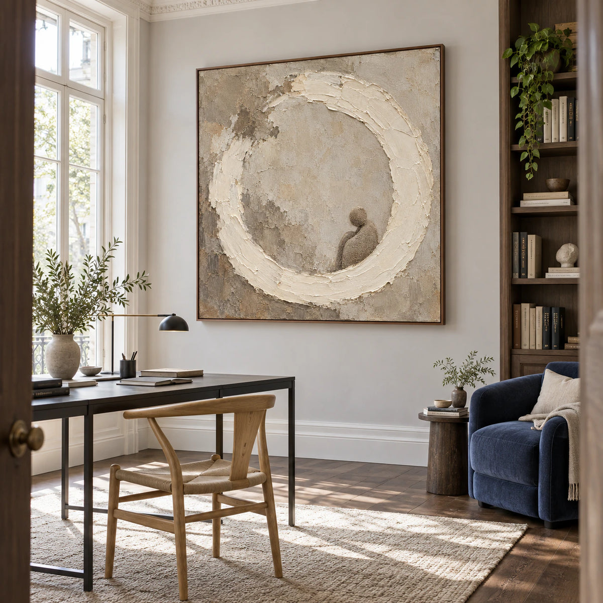 Quiet-Orbit featured in an airy architectural reading and work space.