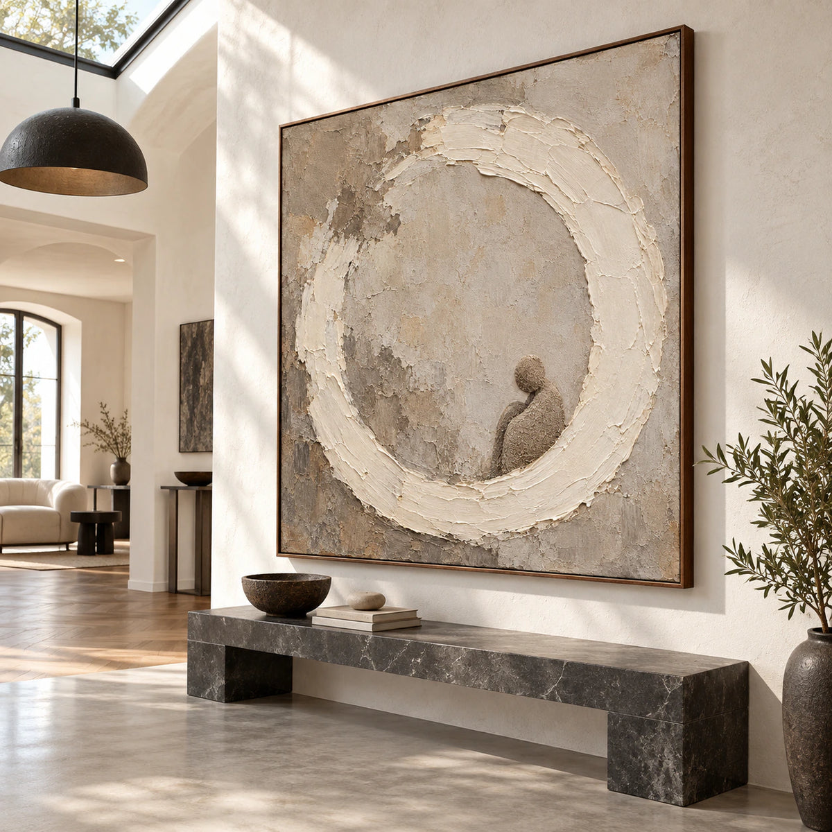 Quiet-Orbit at gallery scale in a luminous stone foyer.