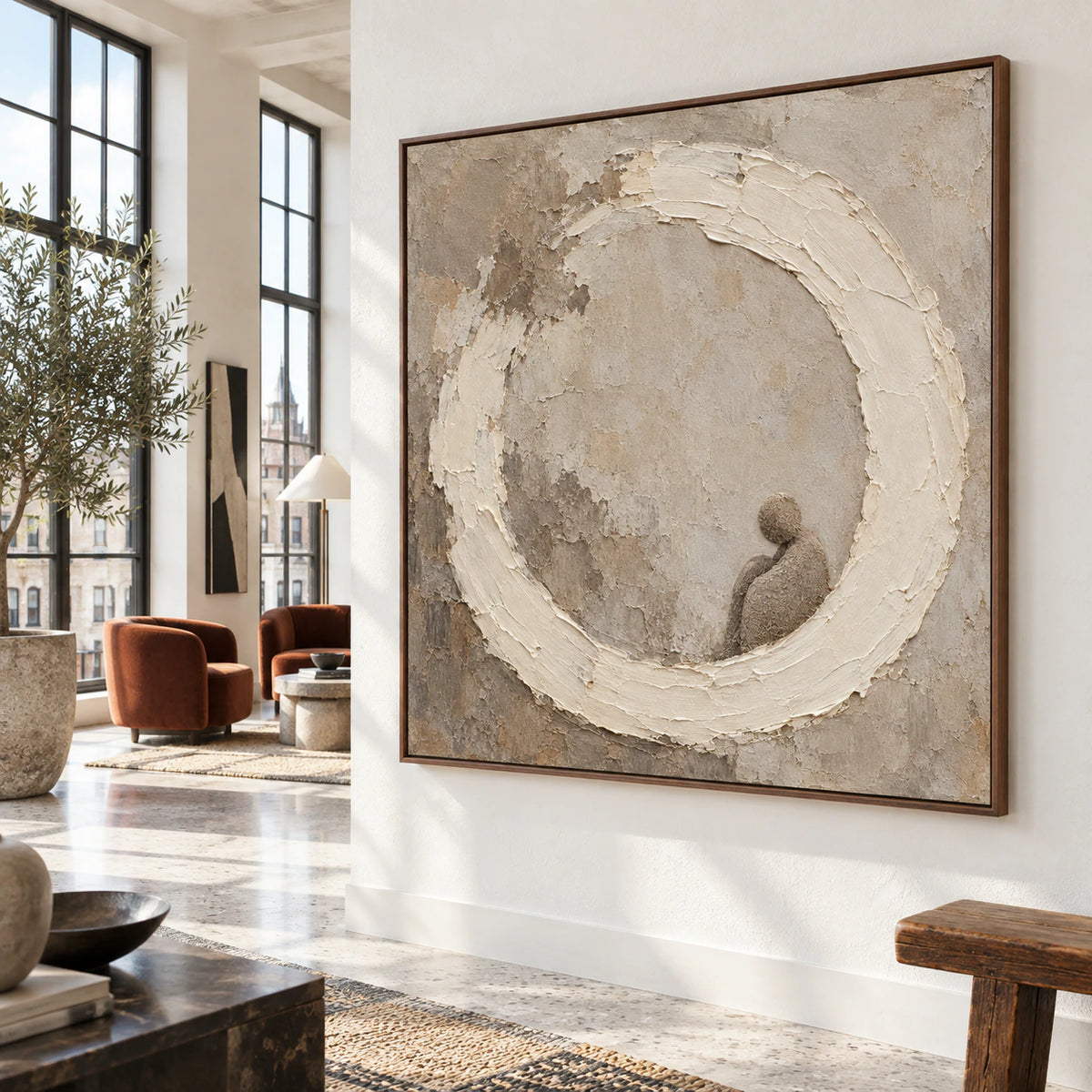 Quiet-Orbit as a large focal point in an expansive hospitality loft.