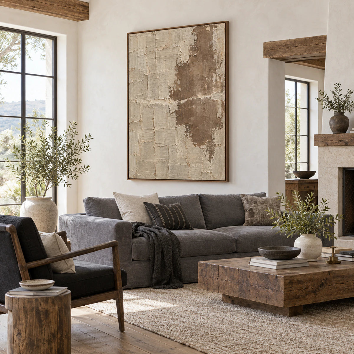 Quiet-Patina above a restrained sofa in a bright living room.
