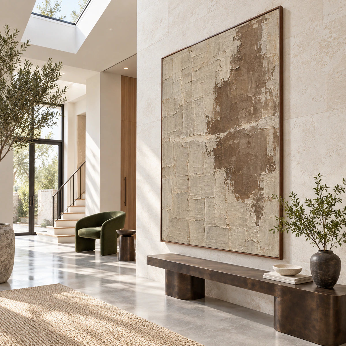 Quiet-Patina at gallery scale in a light-filled foyer.