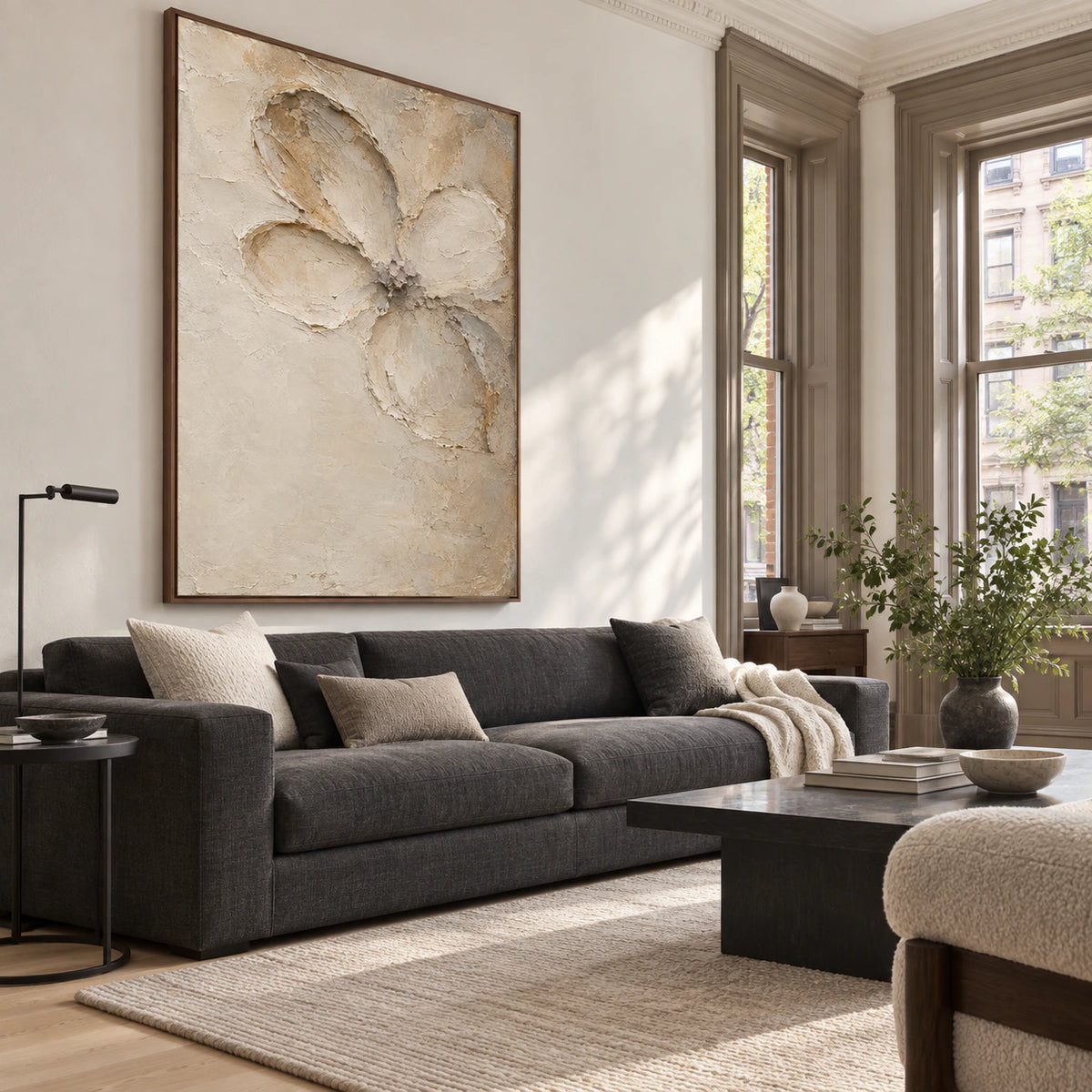 Quiet-Petal as the focal point above a restrained sofa in a bright living room.