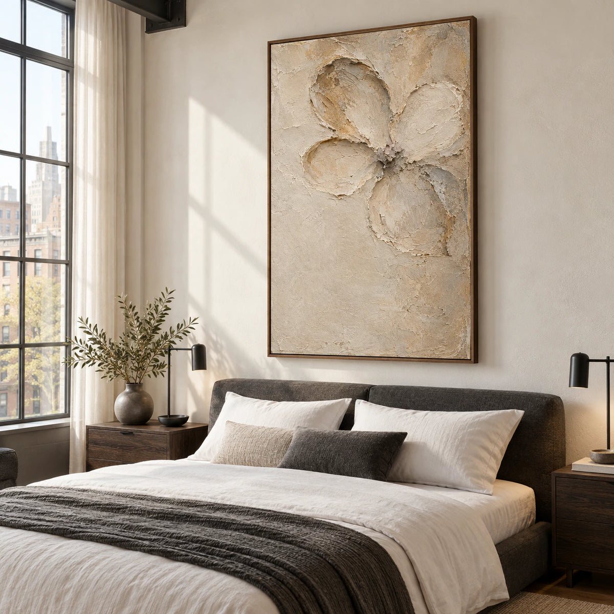 Quiet-Petal above a low bed in a quiet, light-filled bedroom.