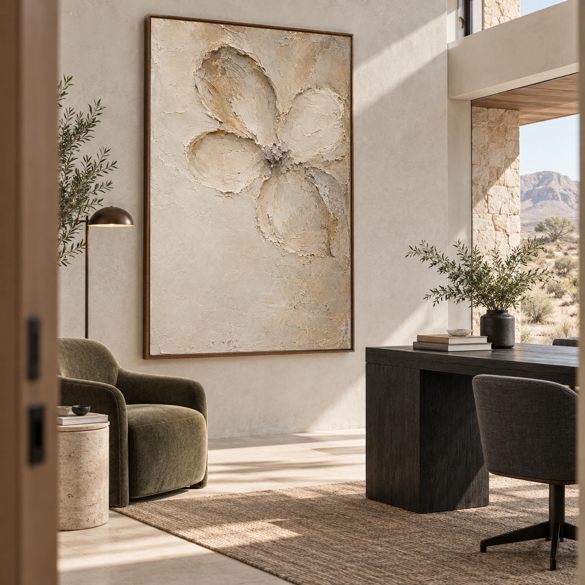 Quiet-Petal featured at scale in an airy reading and home office space.