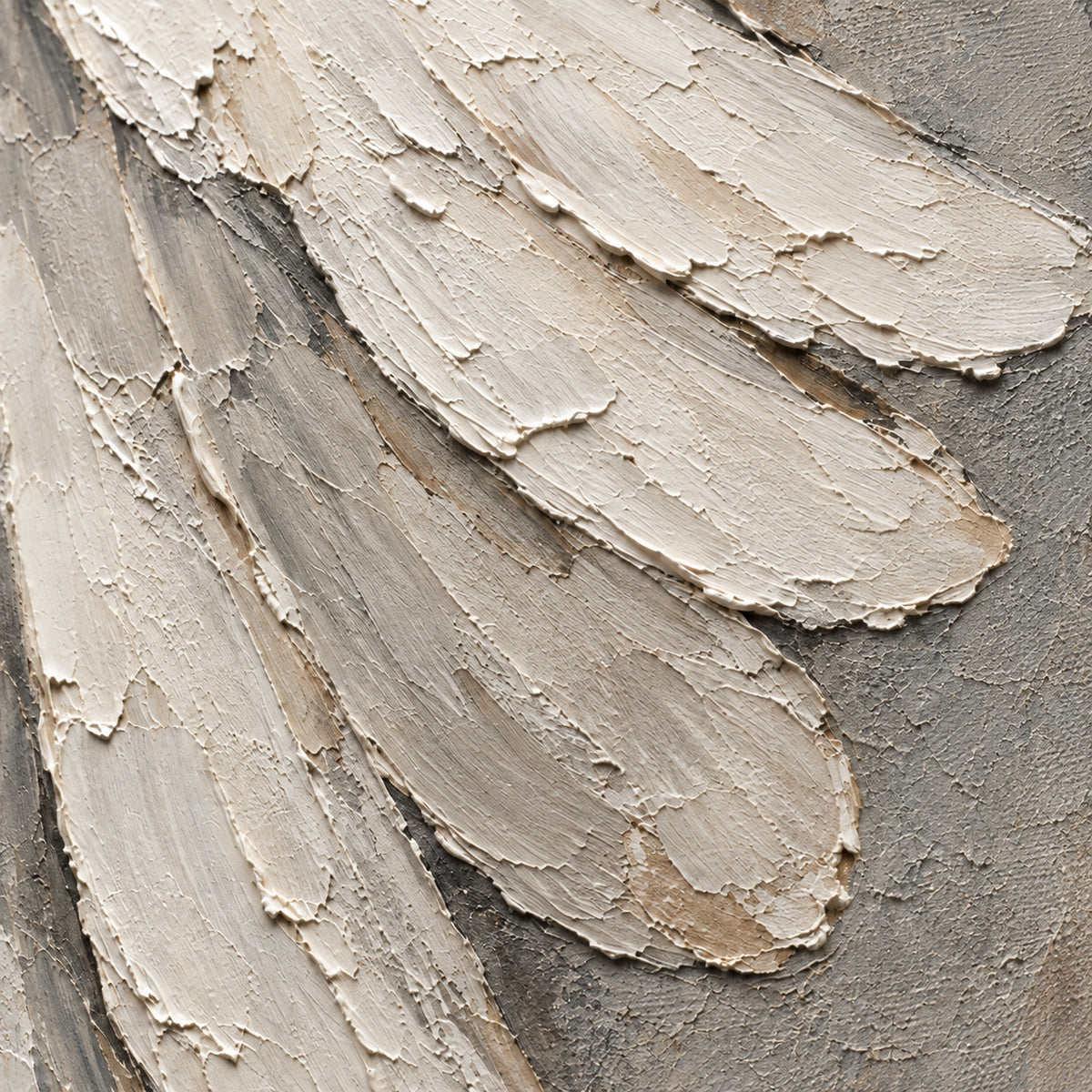 Quiet-Plume oil painting brushwork and impasto detail photographed from an oblique side angle