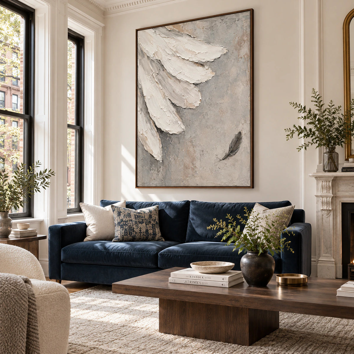 Quiet-Plume above a restrained seating arrangement in a bright living room.
