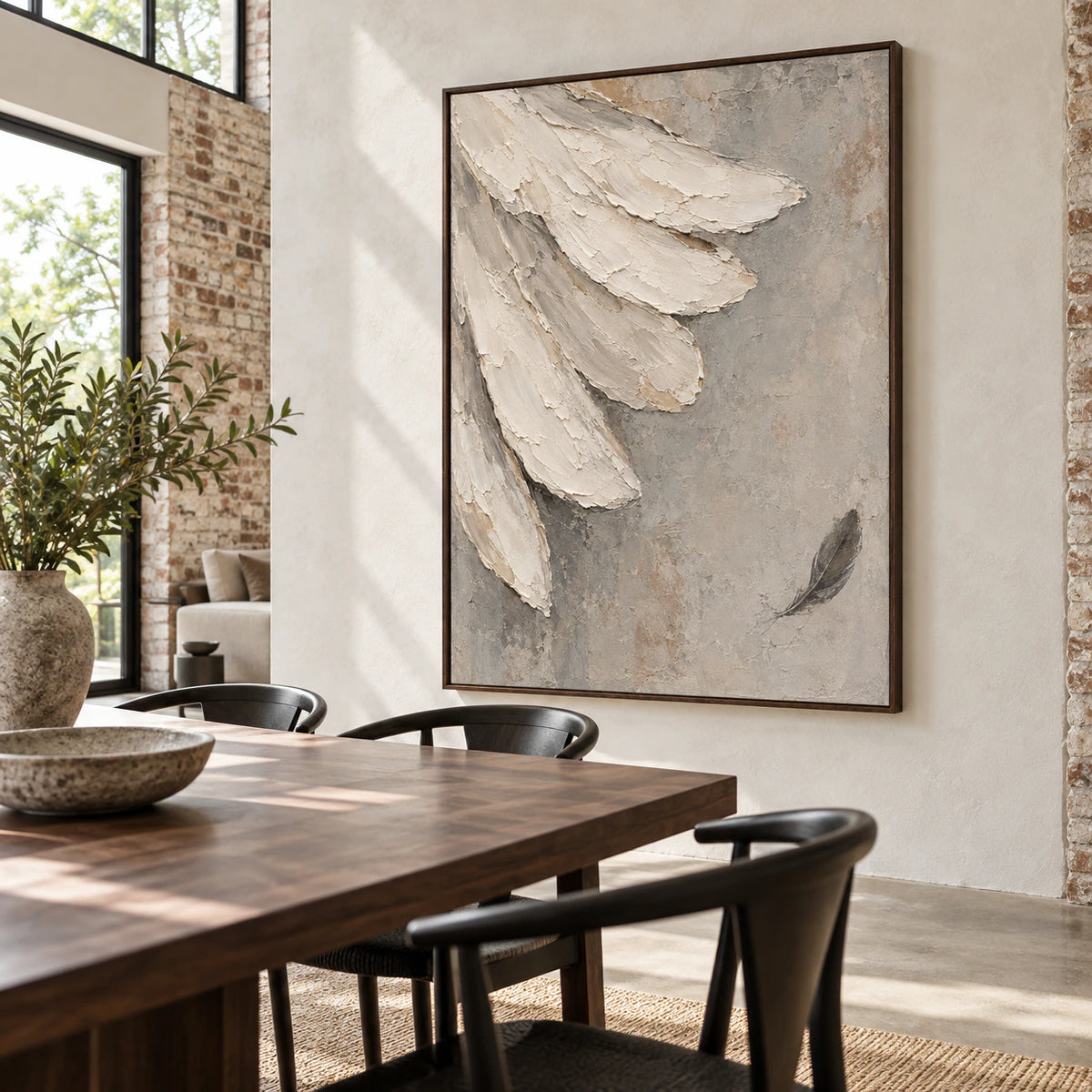 Quiet-Plume as the focal artwork in a refined daylight dining room.