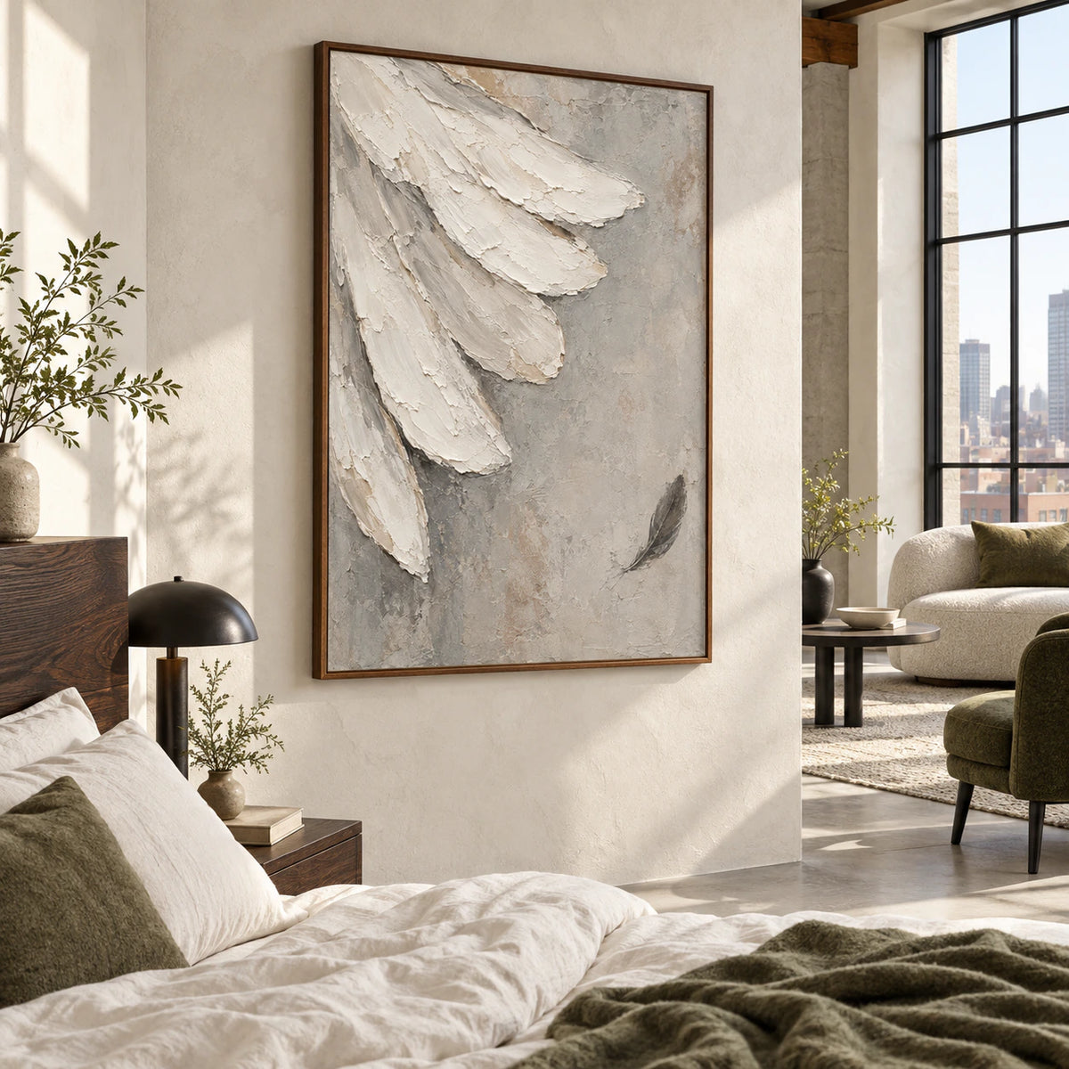 Quiet-Plume bringing soft texture to a quiet neutral bedroom.