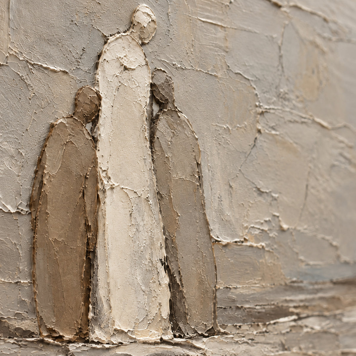 Quiet-Procession oil painting brushwork and impasto detail photographed from an oblique side angle