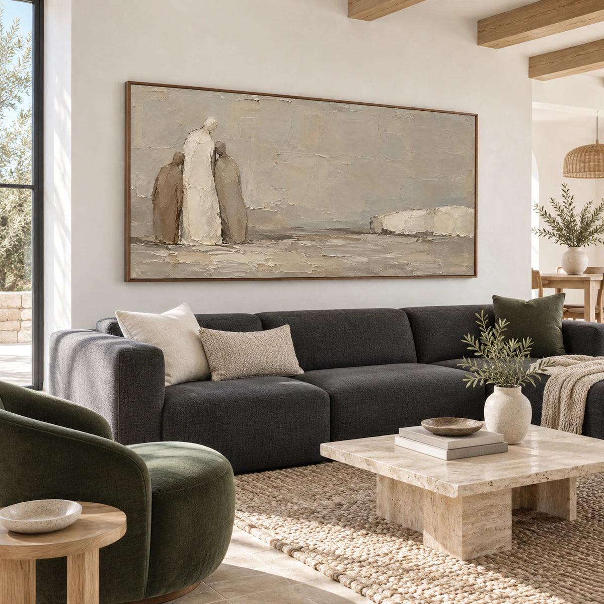 Quiet-Procession above a restrained sofa in a bright contemporary living room.