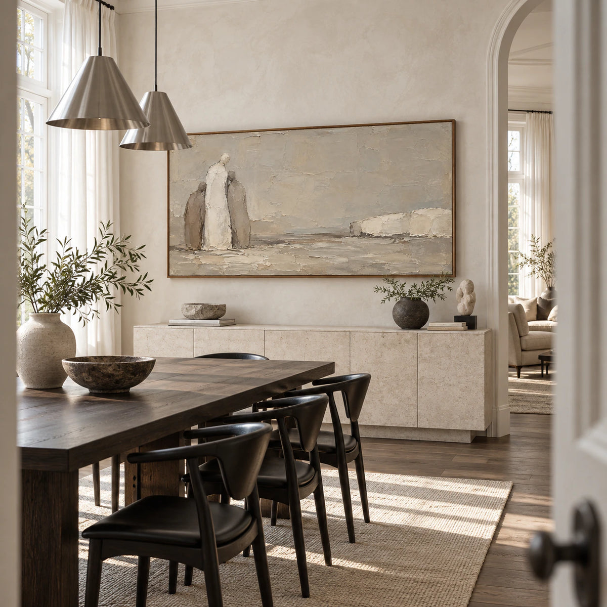 Quiet-Procession as the focal artwork in a refined daylight dining room.