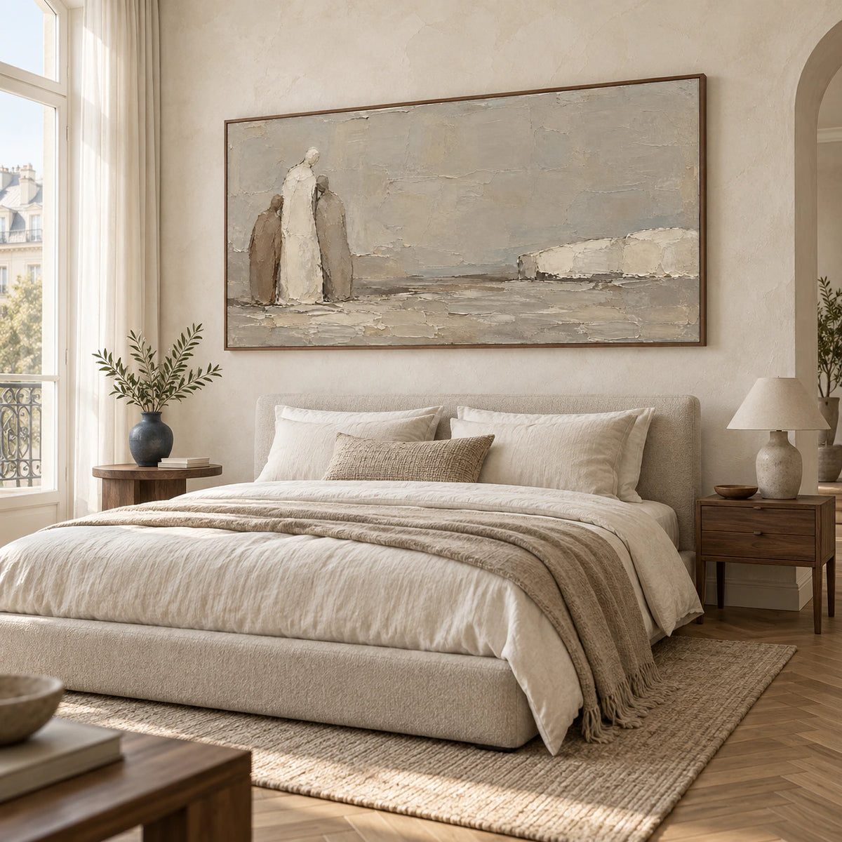 Quiet-Procession displayed above a low bed in a quiet, airy bedroom.