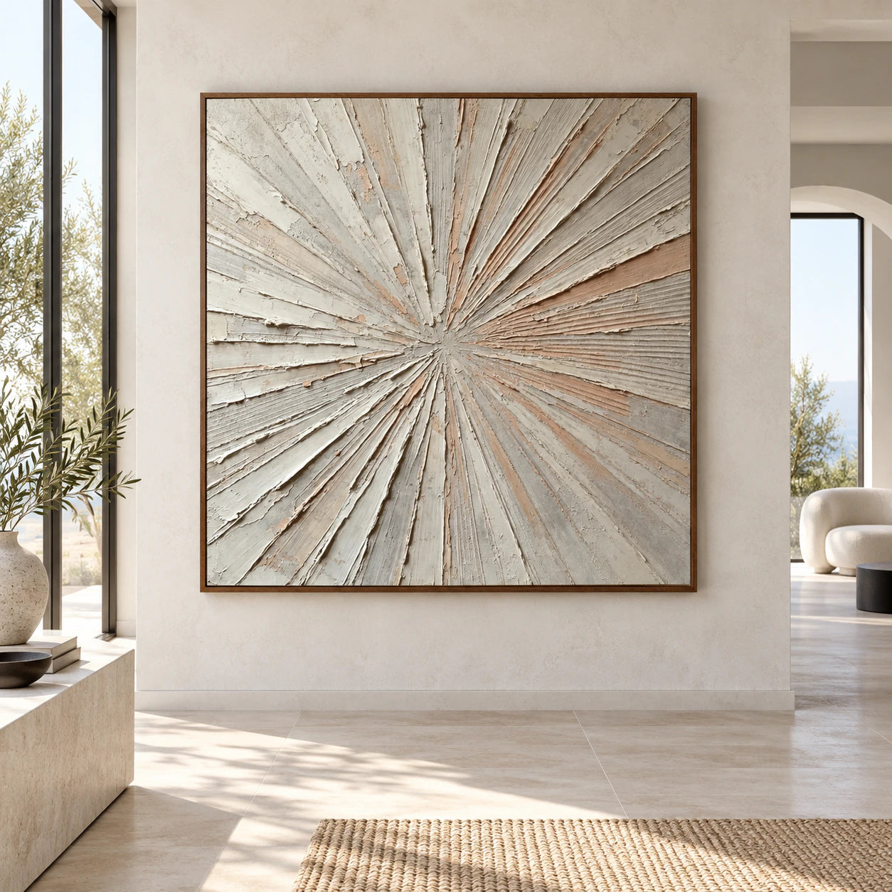 Large square textured abstract painting displayed straight-on in a bright, spacious architectural interior.
