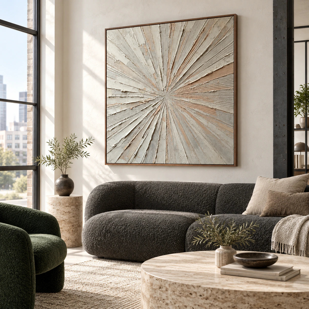 Square radiating textured abstract painting above a sofa in a bright living room.