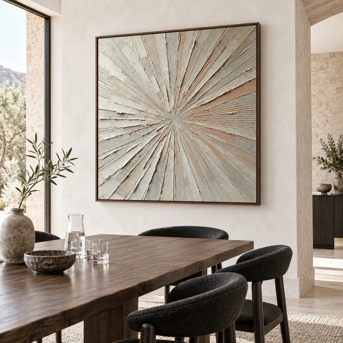 Square textured abstract painting as the focal point of a refined daylight dining room.