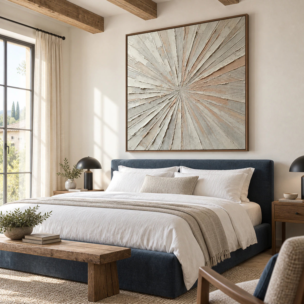 Square radiating abstract painting in a quiet, softly lit bedroom.