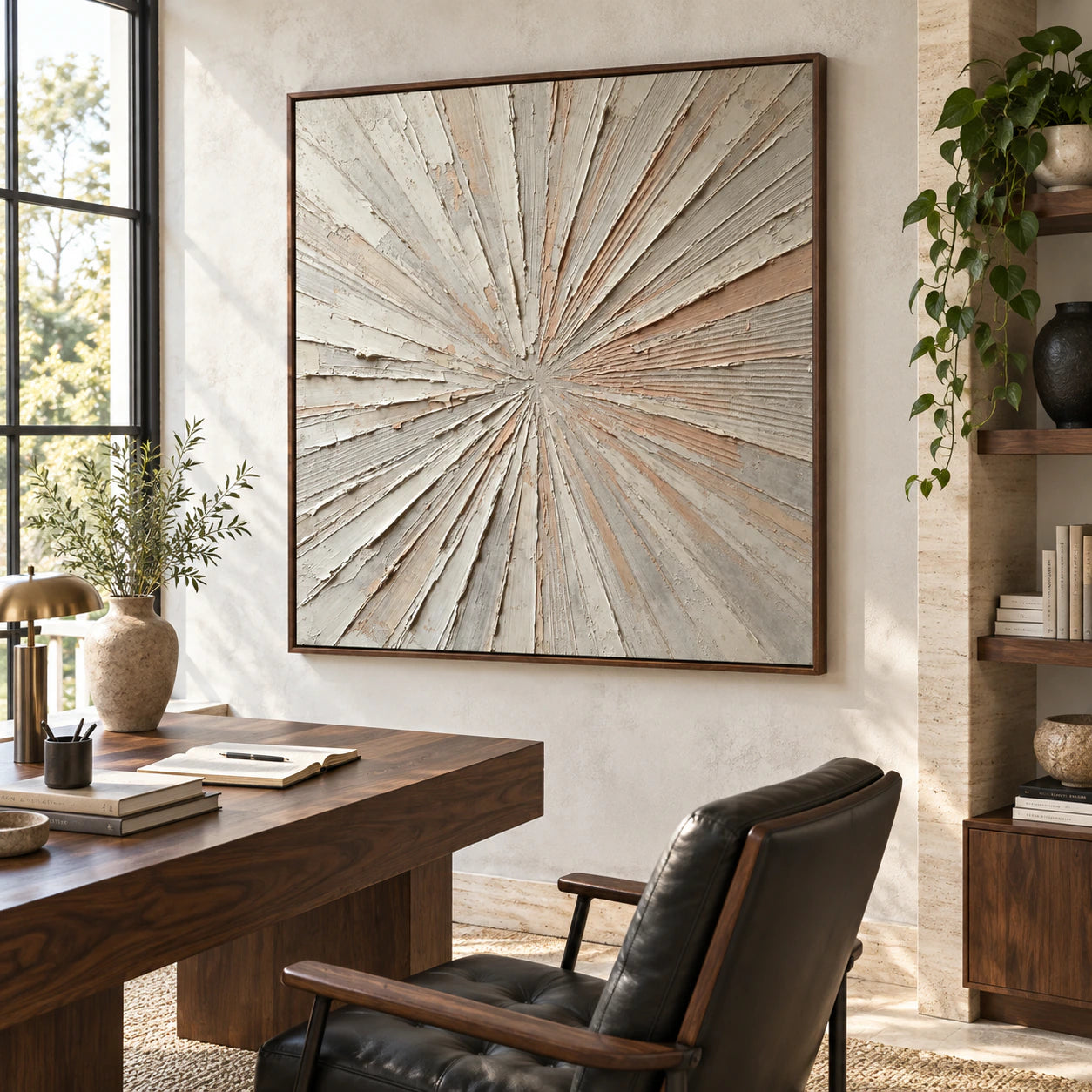 Square textured abstract painting in an airy reading and home office space.