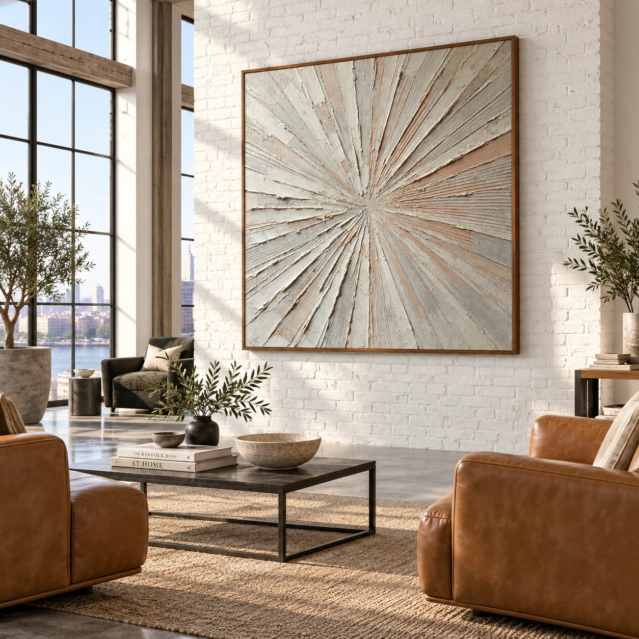 Square textured abstract painting featured in an expansive loft hospitality interior.