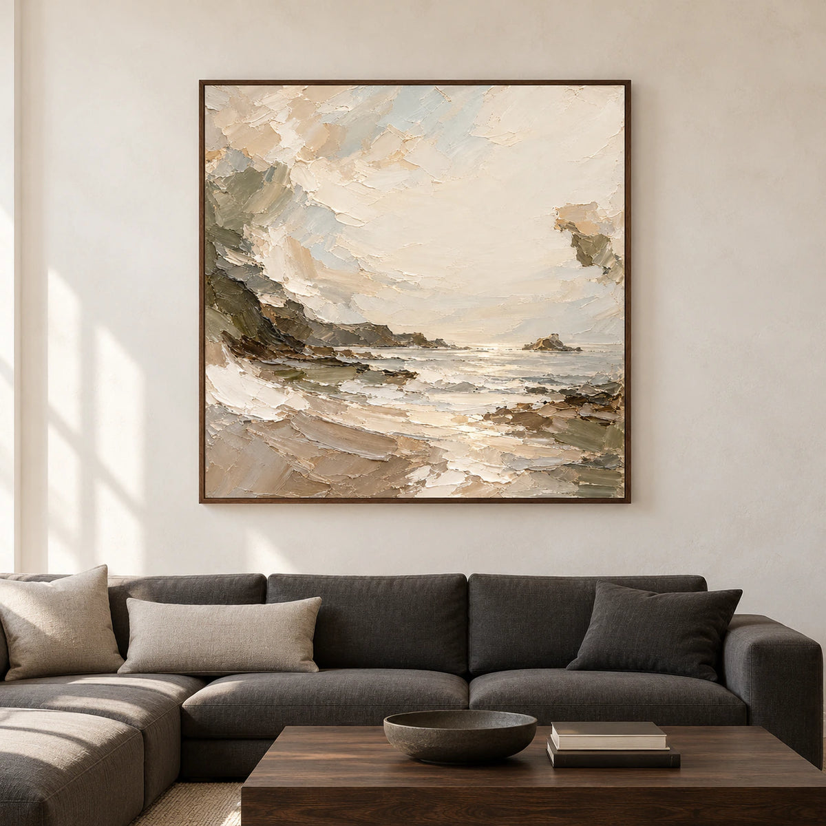 Large square Quiet-Reach coastal painting displayed prominently on a generous pale plaster wall in a spacious, sunlit modern room, photographed straight-on.