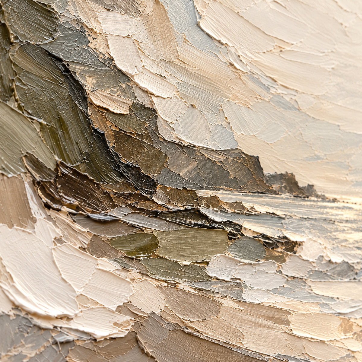 Quiet-Reach oil painting brushwork and impasto detail photographed from an oblique side angle