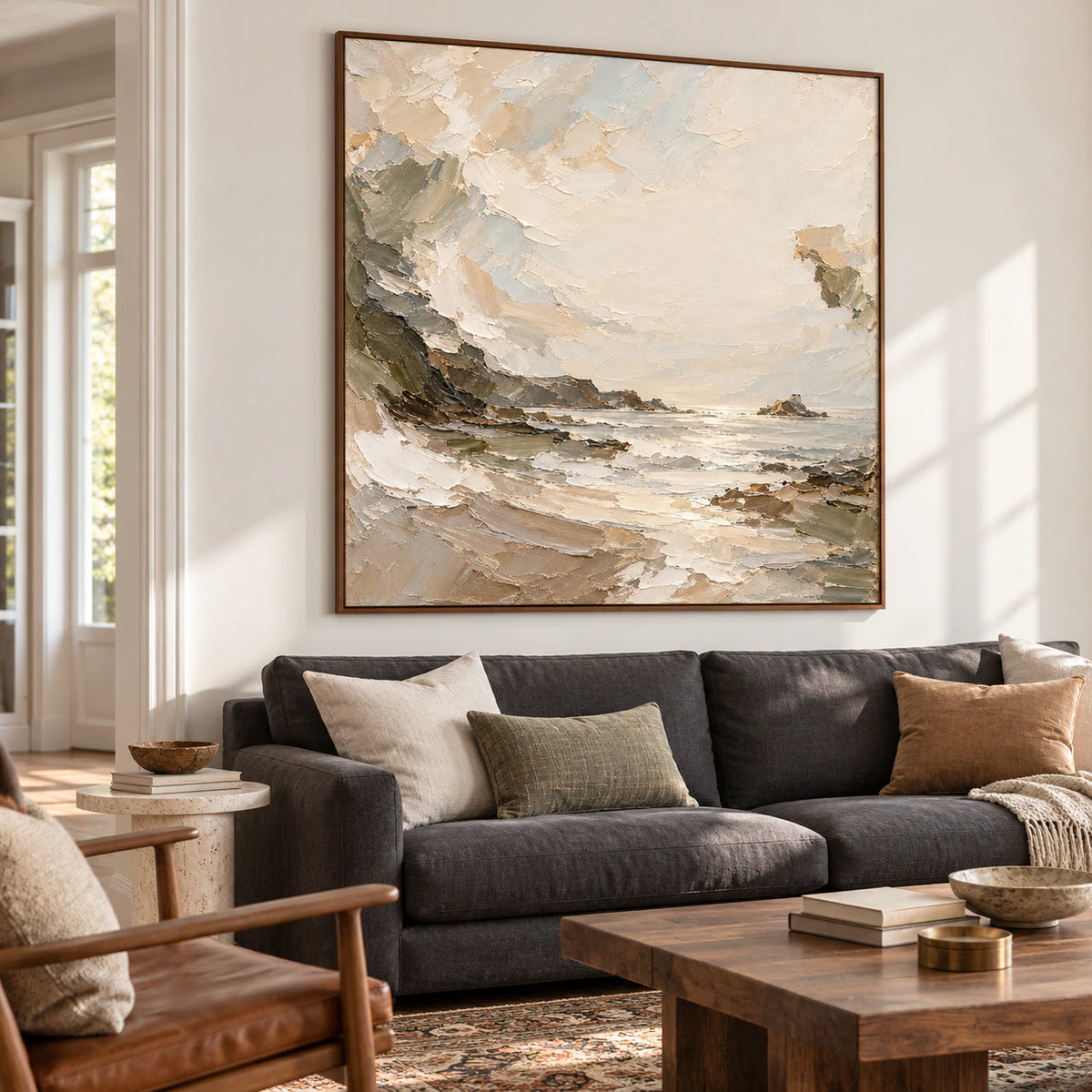Quiet-Reach displayed as the large focal artwork above a charcoal linen sofa in a bright living room with warm wood furniture and open daylight.