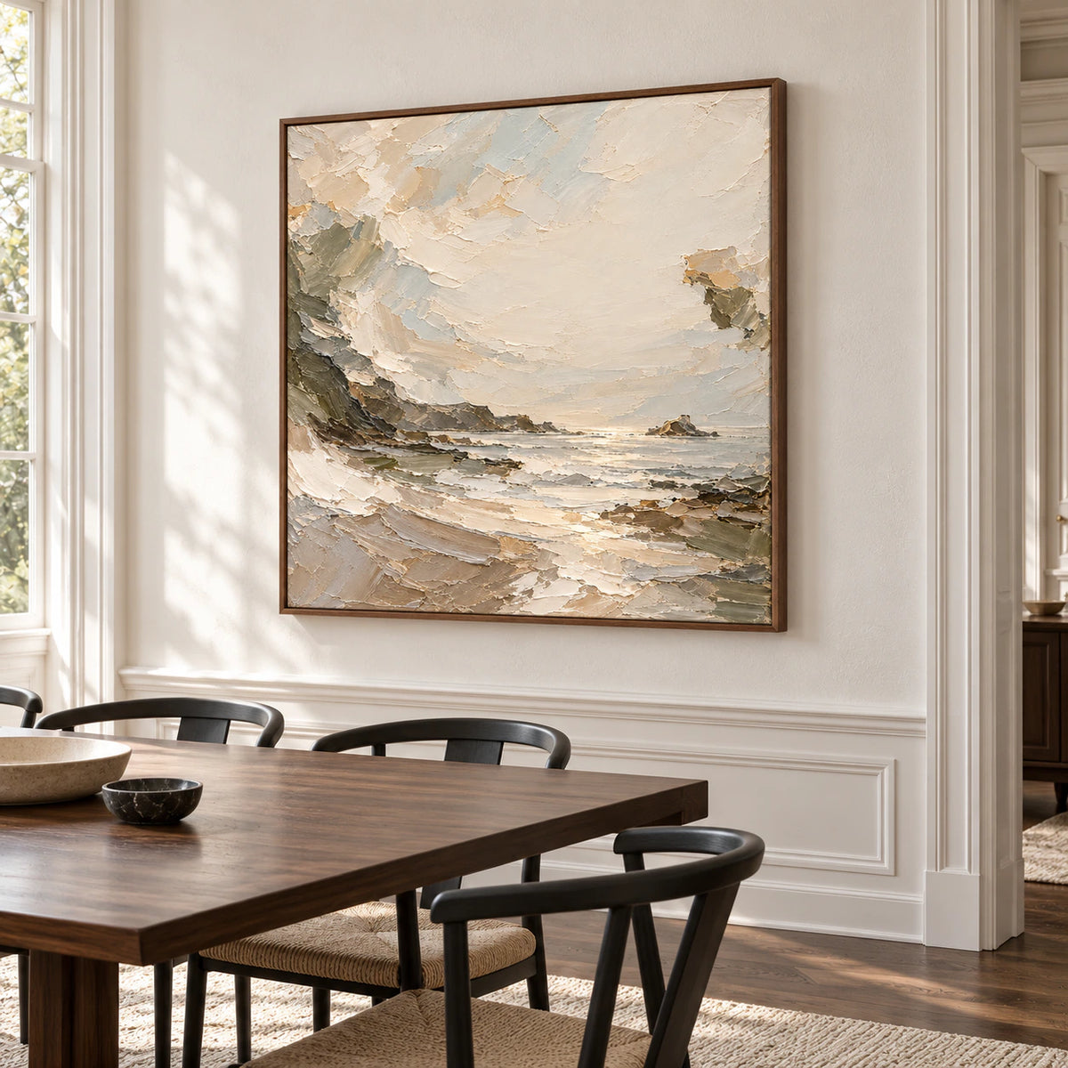 Quiet-Reach prominently hung in a refined dining room with a dark walnut table, sculptural black chairs and bright natural light.