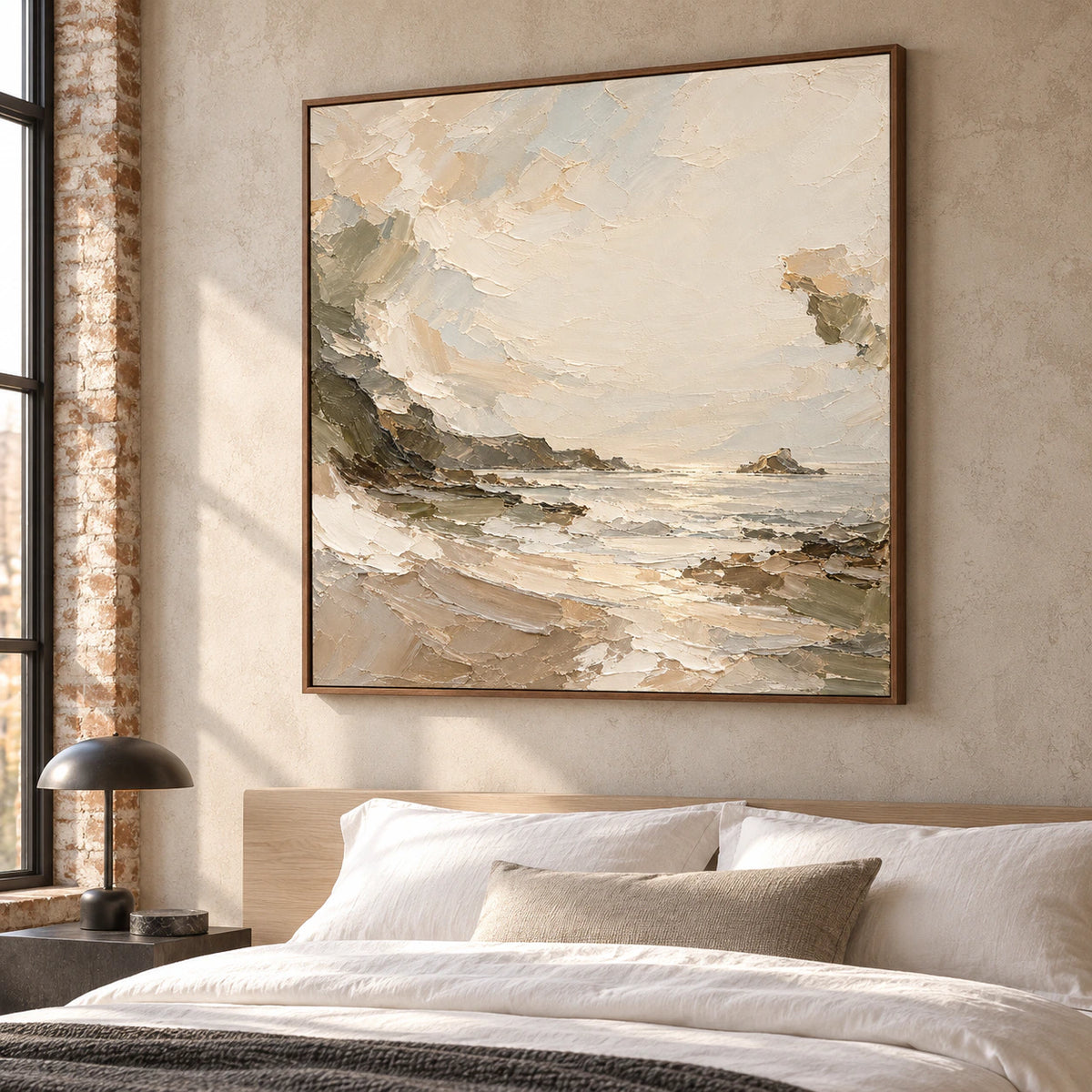 Quiet-Reach above a low ash-wood bed in a quiet, sunlit bedroom with crisp white bedding and restrained charcoal accents.