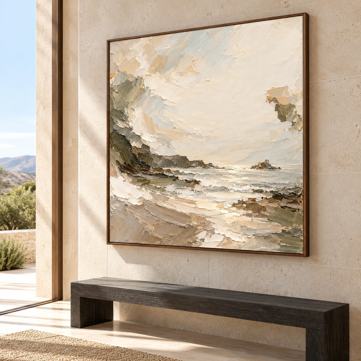 Quiet-Reach displayed at gallery scale on a high foyer wall above a simple dark bench, with daylight entering through a tall architectural opening.