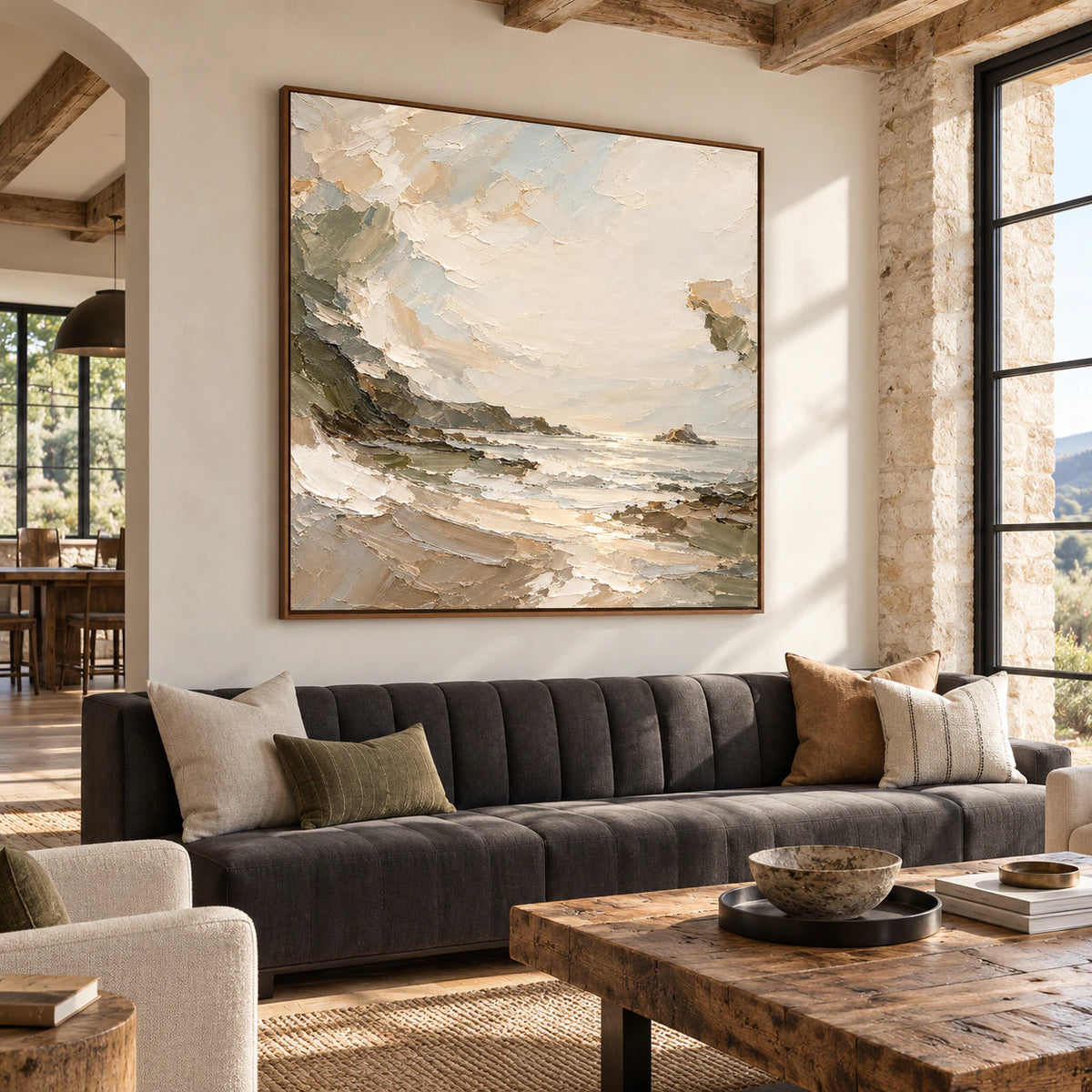 Quiet-Reach commanding the wall in an expansive loft hospitality interior with a long charcoal banquette, pale stone surfaces and generous daylight.