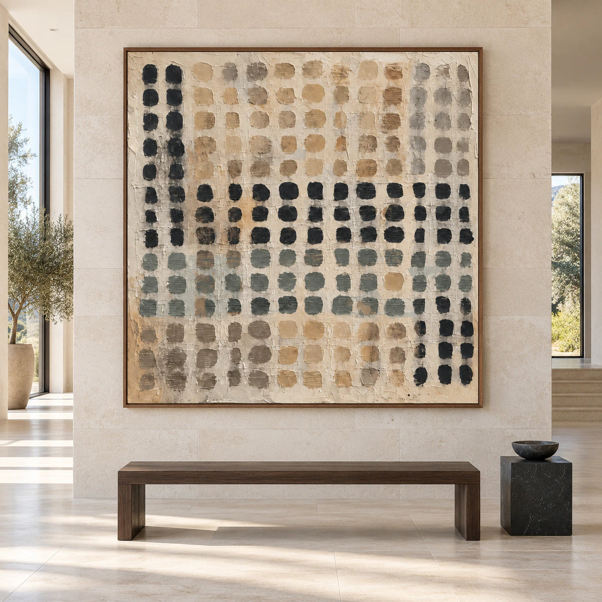Large straight-on gallery interior with Quiet-Register as a commanding square focal point.